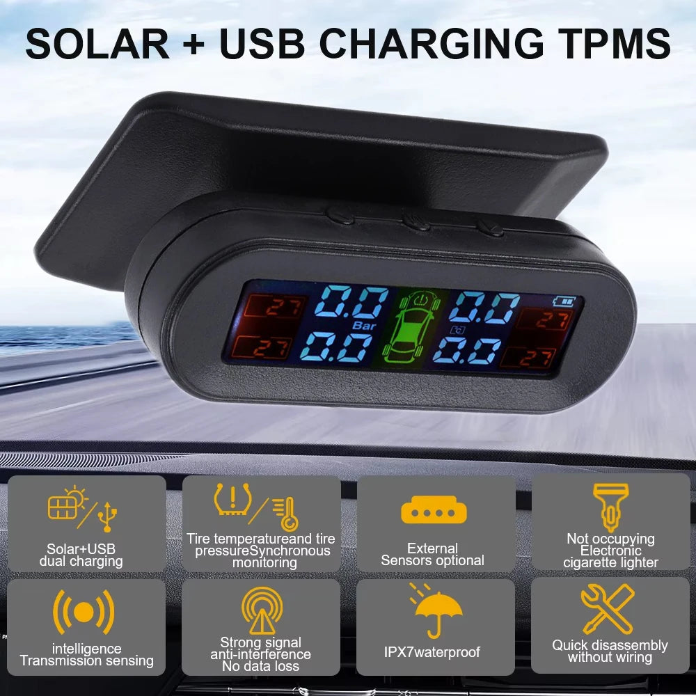 Temperature Warning Fuel save Tire Pressure Monitoring System Solar TPMS with 4 External Sensors Car Tyre Pressure Monitor